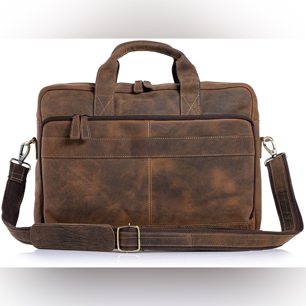 KomalC Leather Messenger Bag 18” Brown Distressed Laptop Bag Briefcase